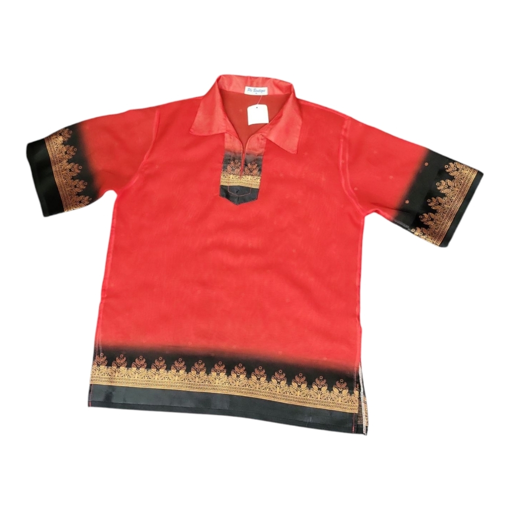 Ple Boutique | Red, Black & Gold | Beautiful Sheer Tunic blouse | Size X-large